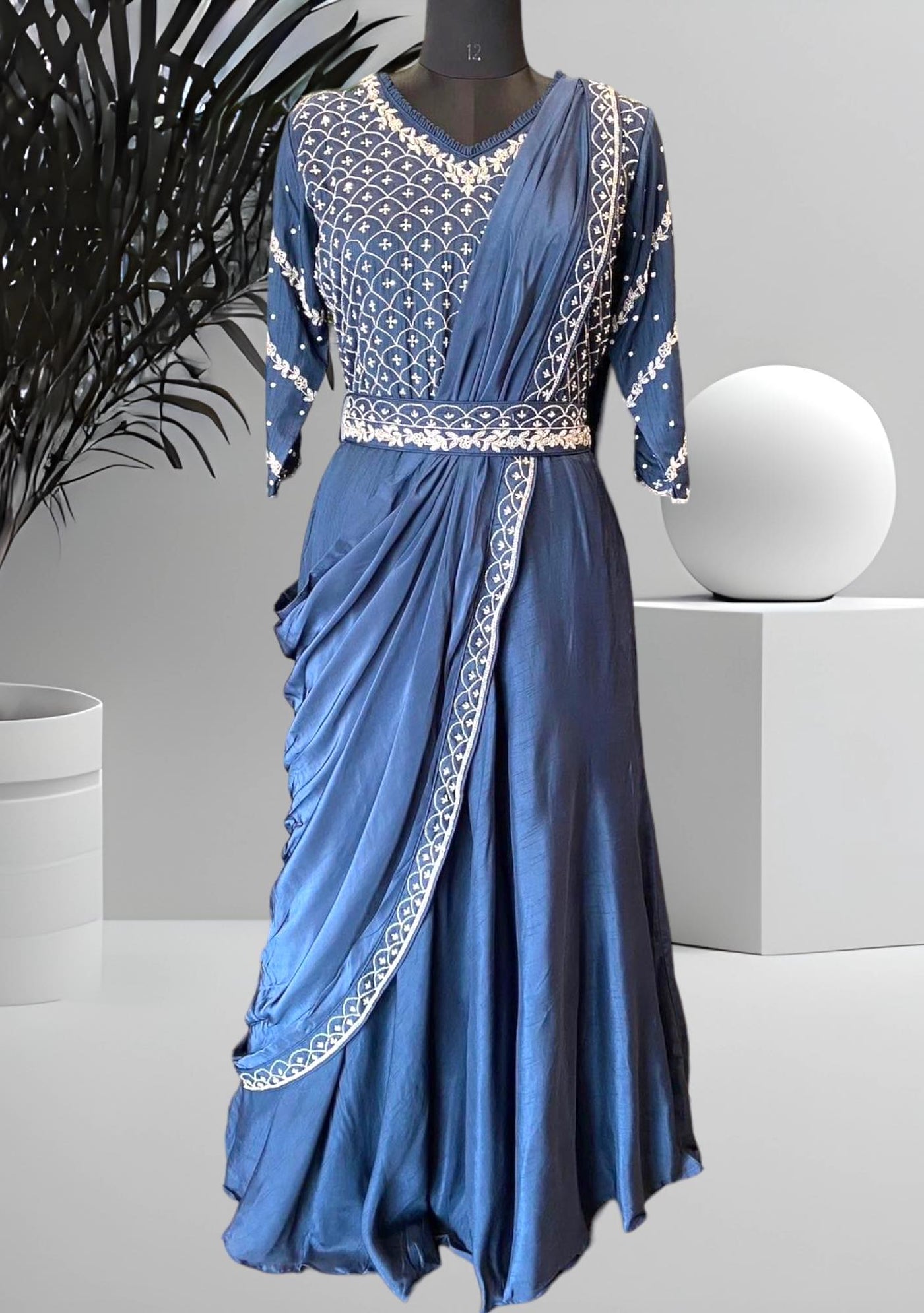 Ash Grey Pre-Stitched Draped Saree Gown with Hand Embroidered Bodice -  Seasons India